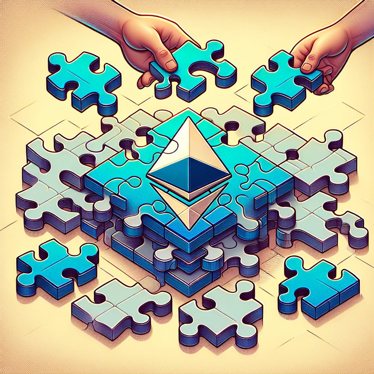 A jigsaw puzzle piece with the Ethereum symbol seamlessly fitting into a larger, incomplete puzzle, representing problem-solving and progression in Ethereum's Proof of Stake consensus protocol.