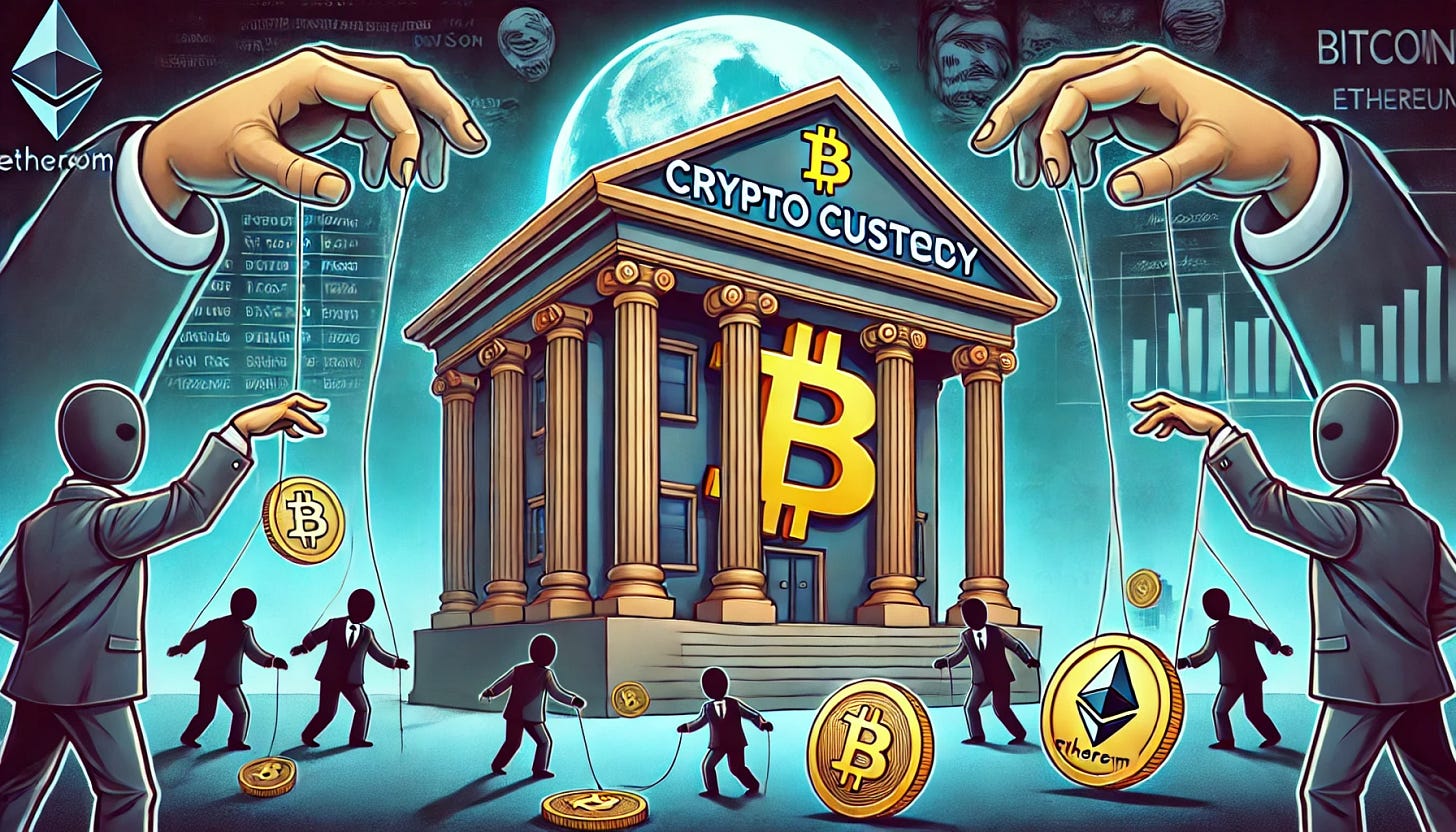A cartoon-style illustration of a bank building with a 'Crypto Custody' sign, surrounded by digital assets like Bitcoin and Ethereum floating around it. In the background, shadowy government figures in suits are pulling strings like puppet masters, representing hidden regulatory control. The scene has a slightly exaggerated, satirical feel, emphasizing the tension between traditional finance and crypto decentralization.