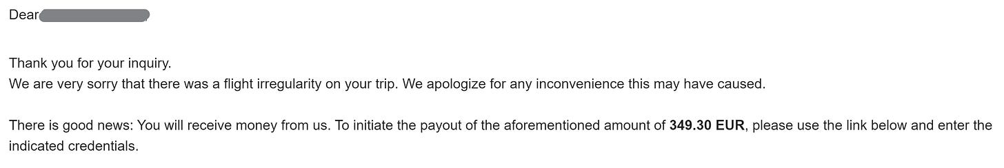 Email from an airline offering a refund after a flight cancellation