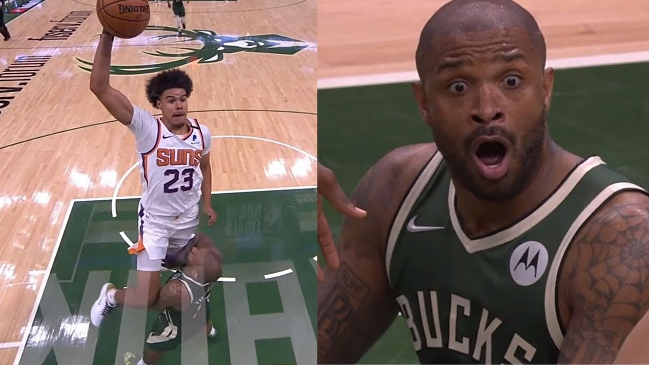 Cam Johnson with a CRAZY dunk on PJ Tucker & gets the AND-1! 😮 Suns vs  Bucks Game 3