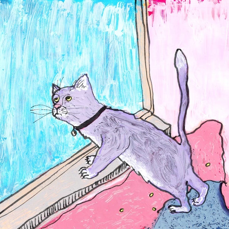 the illustration of the cat at the window now with the print as a background layer