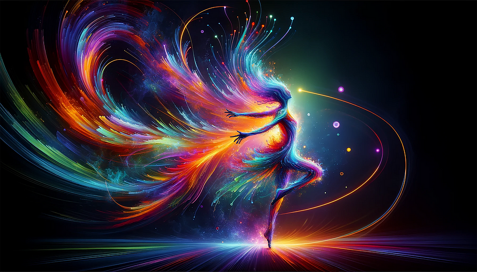 A woman dancing as colors of energy radiate from her body to show that treating anxiety requires releasing stored emotions in the body