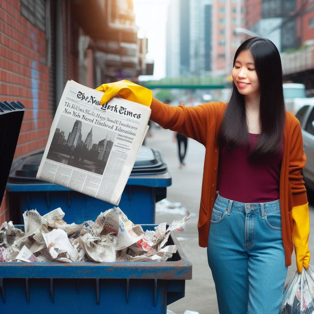 An AI generated picture of a woman throwing the New York times in the trash