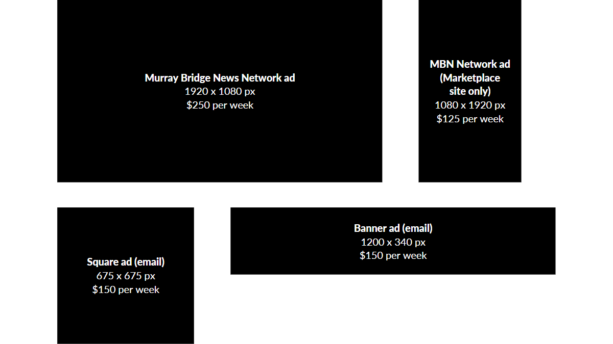 MBN Network ad: 1920 x 1080 pixels, $250 per week. MBN Network ad (Murray Bridge Marketplace only): 1080 x 1920 pixels, $150 per week. Square email ad: 675 x 675 pixels, $150 per week. Banner email ad: 1200 x 340 pixels, $150 per week.