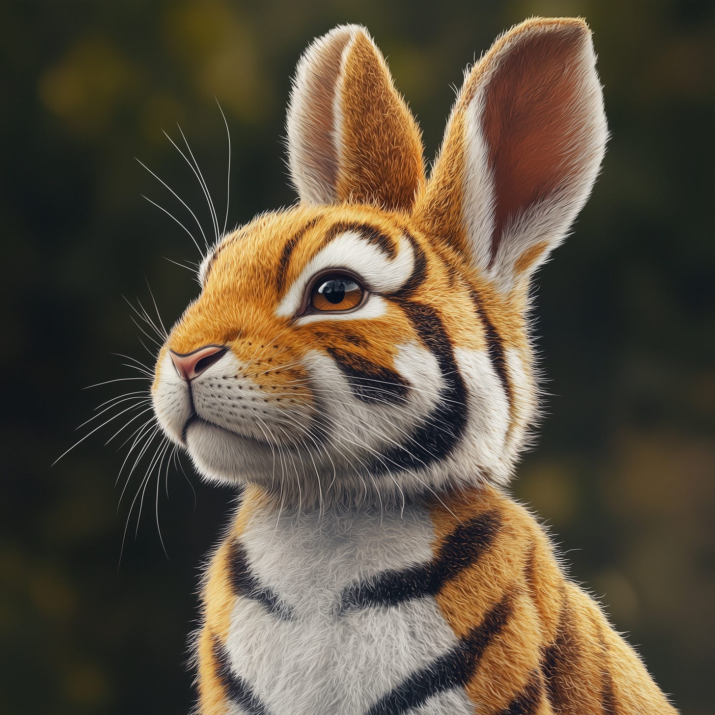 A rabbit with stripes like a tiger looking thoughtful