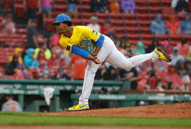 Brayan Bello of the Boston Red Sox pitches against the Baltimore Orioles during the first inning at Fenway Park on September 10, 2023 in Boston,...