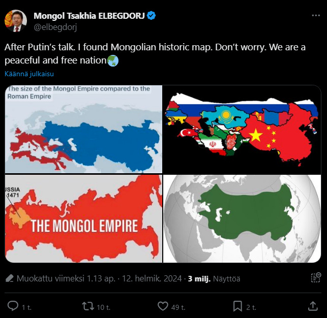 Postauksessa oli aikakausien karttoja Mongolivaltakunnasta. Mukaan lukien ajoista, jolloin Venäjä kuului nykyään köyhälle ja pienelle valtiolle.