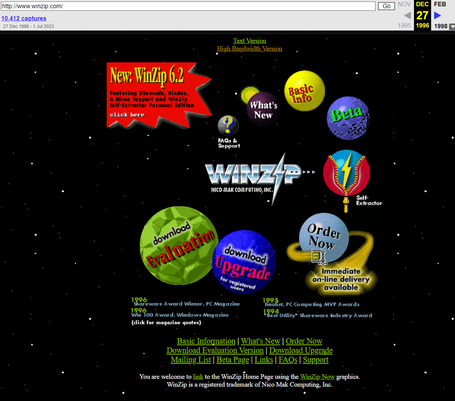 A screenshot of WinZip's website from 1996