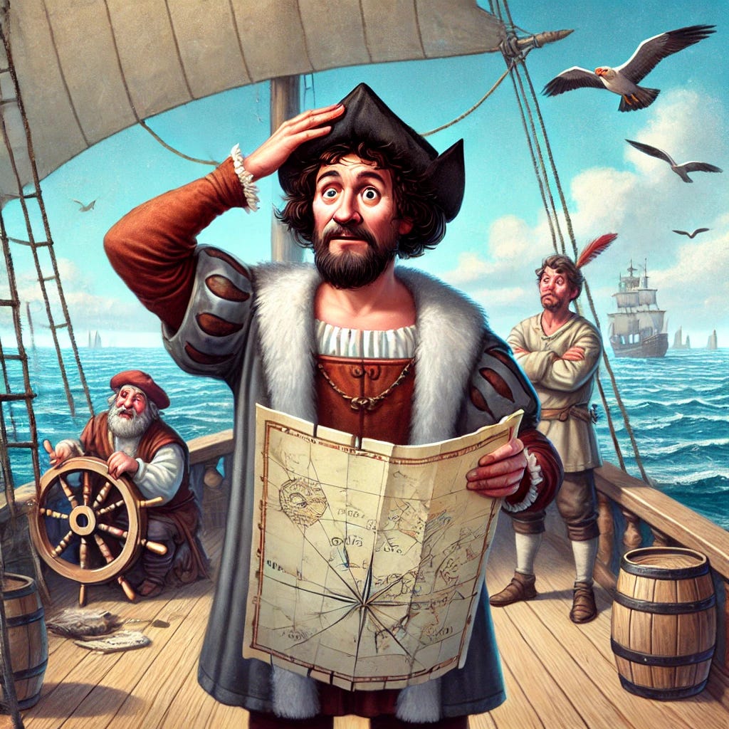 A humorous scene of Christopher Columbus looking confused and lost at sea. He's standing on the deck of a wooden ship, holding a map upside down, with a puzzled expression on his face. The ocean around him is vast and calm, with no land in sight, and the crew members in the background are scratching their heads in disbelief. Seagulls fly overhead, and the sky is bright and clear, adding to the absurdity of the situation. The ship's sails are unfurled, but they seem to be going in circles.