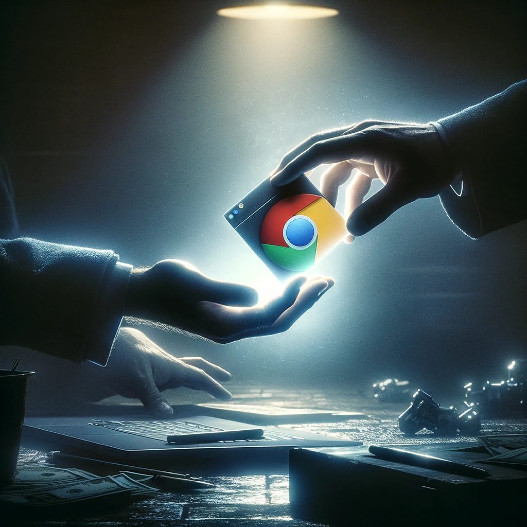 A scene depicting a shadowy exchange between two hands in a dimly lit environment, reminiscent of an underground deal. The focus of the image is a digital, transparent box, representing a Google Chrome extension, being passed from one hand to another. This box glows faintly, illuminating parts of the hands and adding a mysterious aura to the exchange. The atmosphere should be tense and secretive, with minimal lighting to highlight the transaction's dubious nature. Surrounding elements should be vague and indistinct, emphasizing the focus on the Chrome extension transfer, and suggesting a tech noir theme.