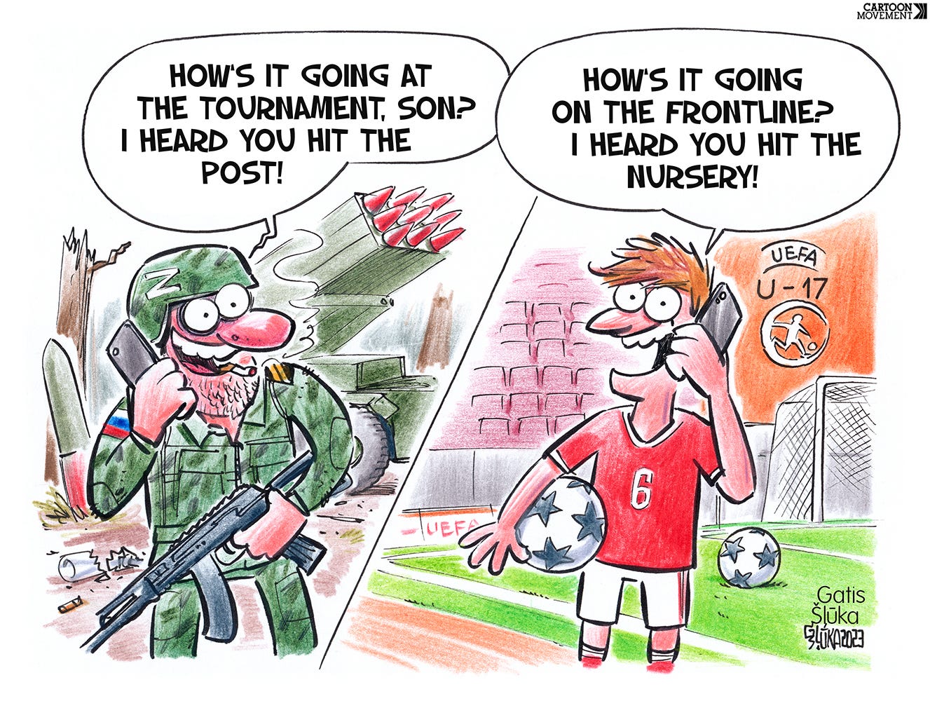 Split screen cartoon showing a Russian soldier on the left calling his son. His son is on the right at the U17 championship, dressed in the Russian national football uniform with a ball under his arm. The soldier says: "How's it going at the tournament, son? I heard you hit the post!" The son replies: "How's it going at the frontline? I heard you hit the nursery!