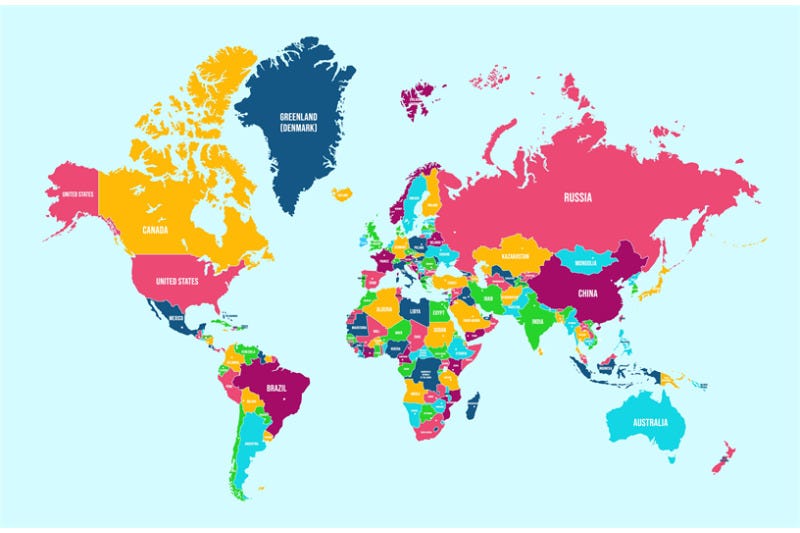 Political world map. Detailed continents, countries borders and names ...