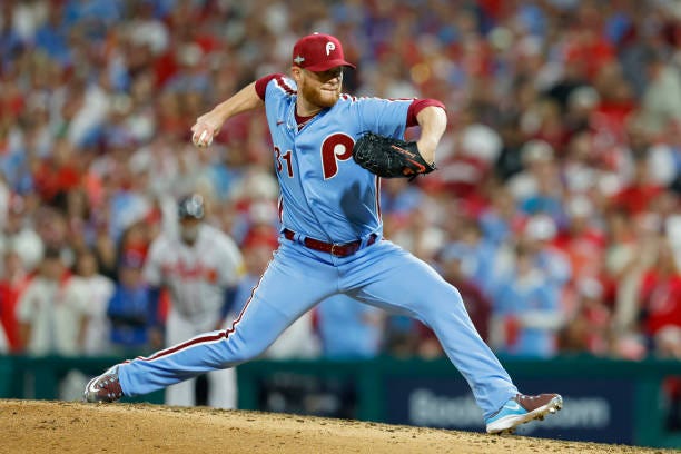 Craig Kimbrel of the Philadelphia Phillies pitches in the seventh inning against the Atlanta Braves during Game Four of the Division Series at...