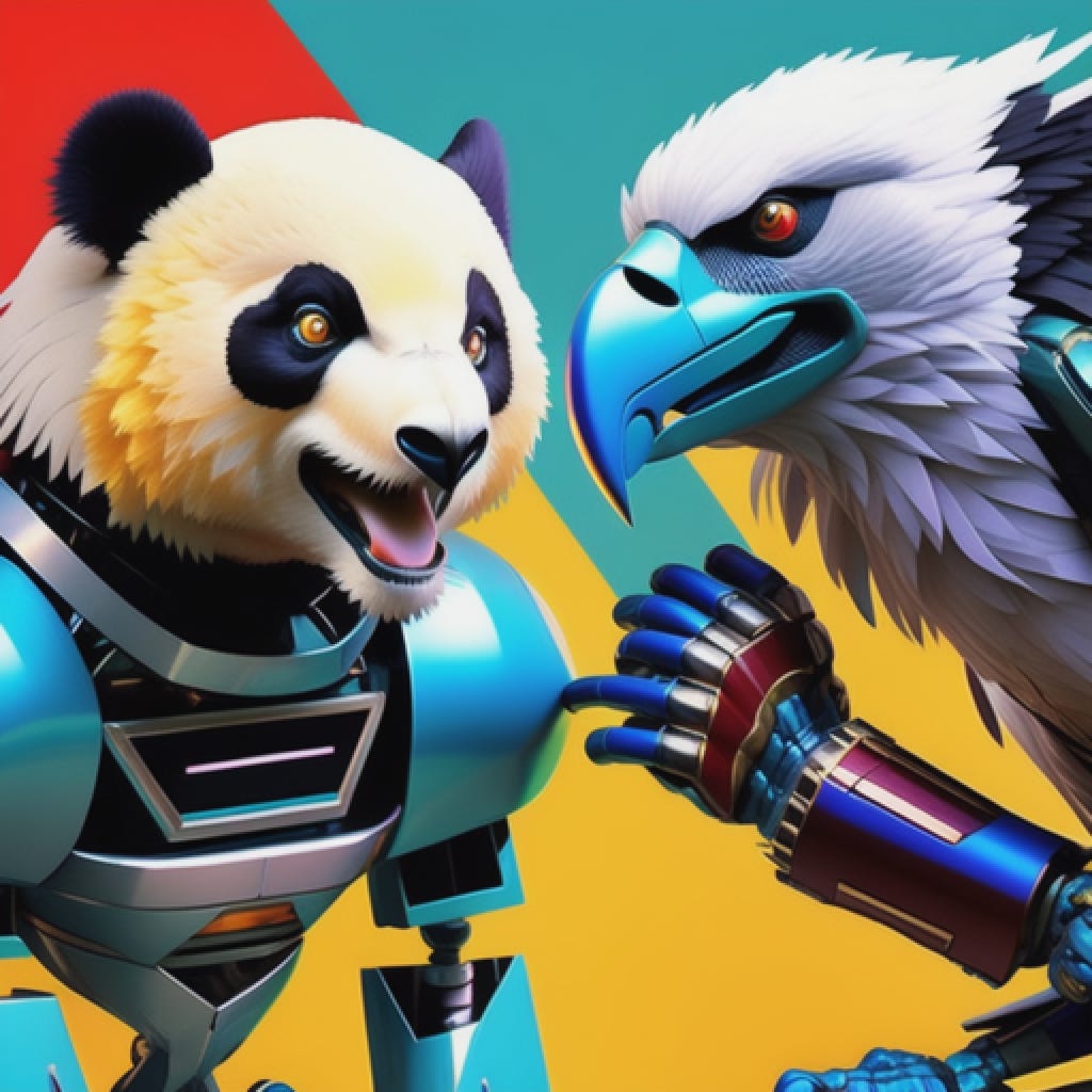 Robot panda and robot eagle face each other antagonistically