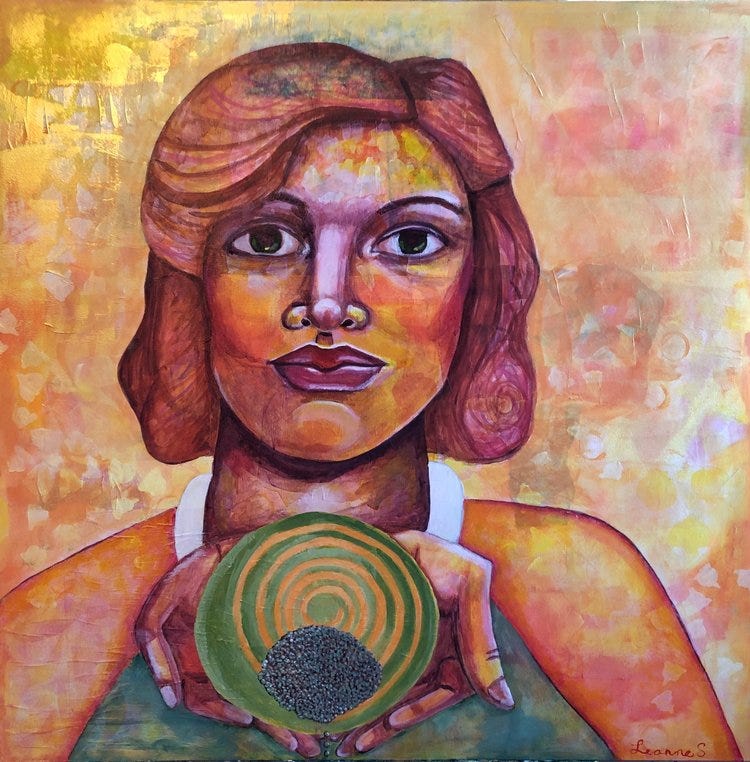 painting of woman holding a seed