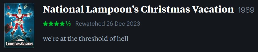 screenshot of LetterBoxd review of National Lampoon’s Christmas Vacation, watched December 26, 2023: we’re at the threshold of hell