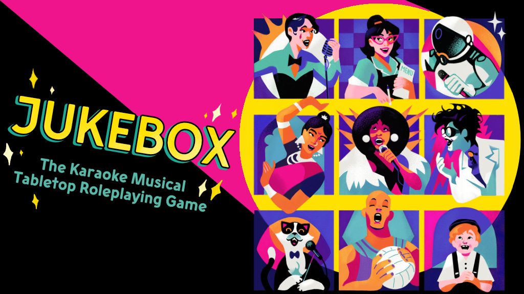 Title image for Jukebox: The Karaoke Musical Tabletop Roleplaying Game. The image shows a three by three grid of character portraits, including: a jazz singer, a waitress, an astronaut, a bollywood dancer, a 60’s-70’s soul singer, a victorian scientist, a fancy cat, a basketball jock, a child in suspenders