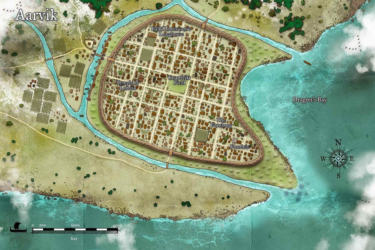 Map of the city of Aarvik showing a moat and earthen ramparts around a Viking style city.