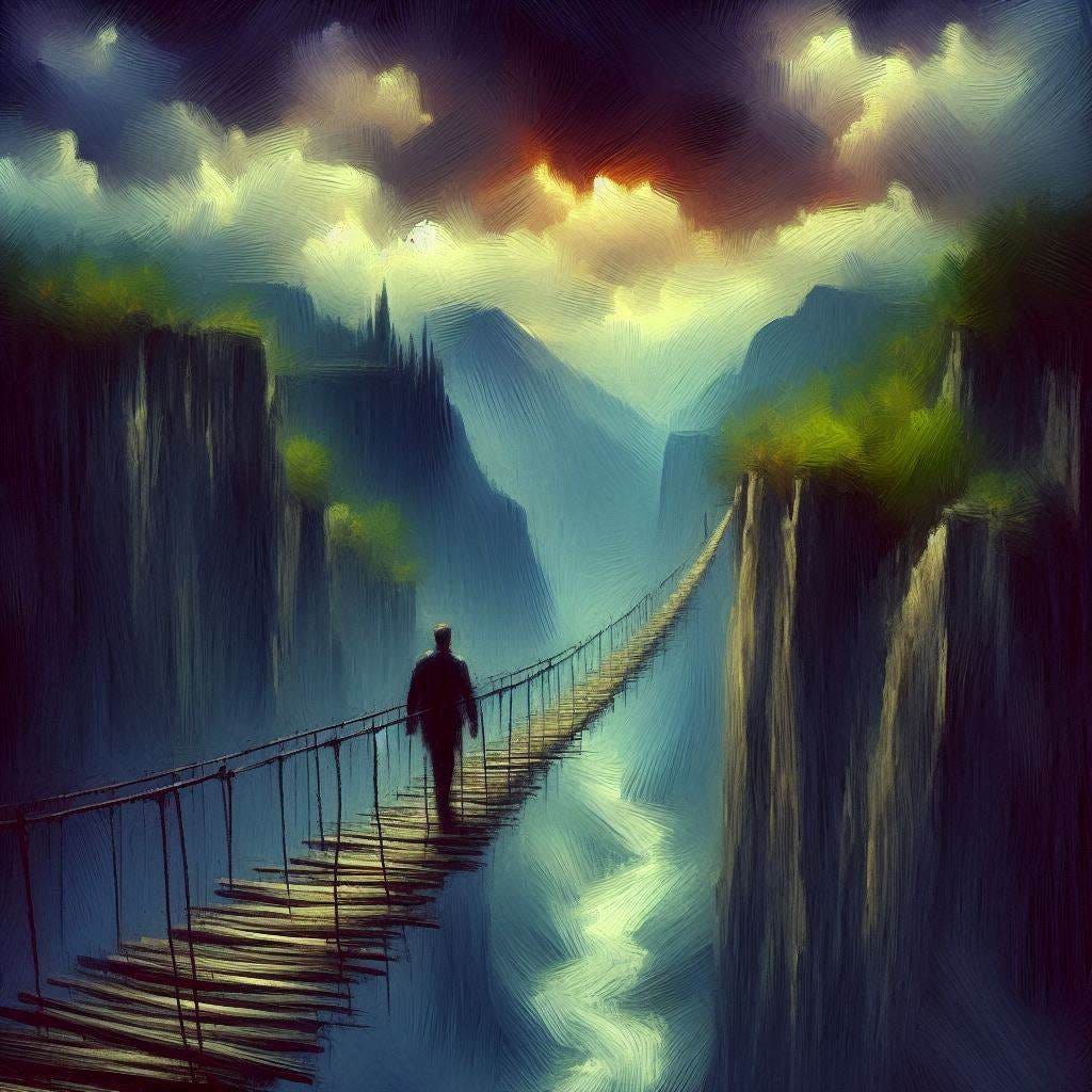 A man is crossing a thin, creaky bridge over a great chasm. Distance shot. Storm clouds. Danger. Impressionist-style