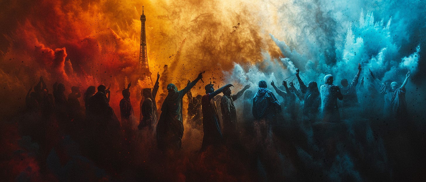A dramatic and atmospheric scene featuring a crowd of people with their hands raised, silhouetted against a backdrop of explosive colors that transition from fiery red and orange to a deep, mystical blue. In the center, the iconic Eiffel Tower stands, partially obscured by the vibrant clouds of color, suggesting the celebration is taking place in Paris. The contrast between the warmth of the reds and the coolness of the blues creates a striking visual effect, resembling a clash of fire and water in a spirited display.