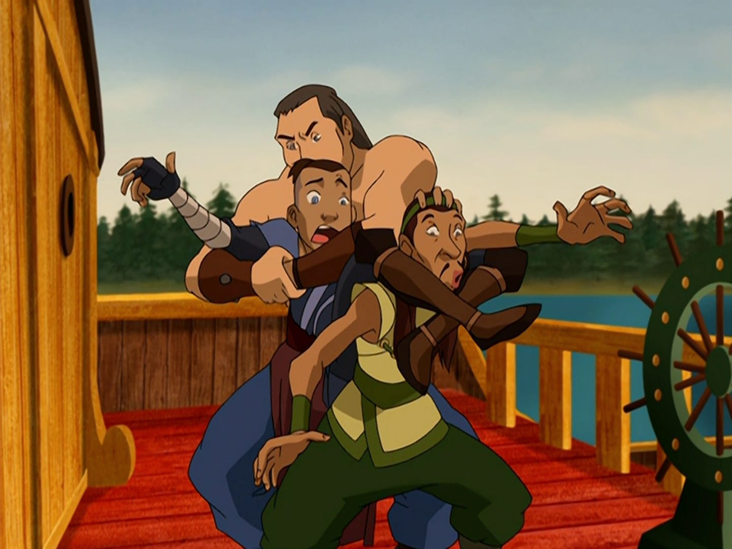 On the deck of a boat, Sokka wrestles with two pirates. Everyone's limbs are entangled, and he's not doing so hot.