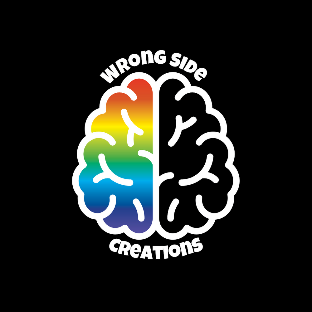 Wrong Side Creations Logo, White Brain with the rainbow in the left side