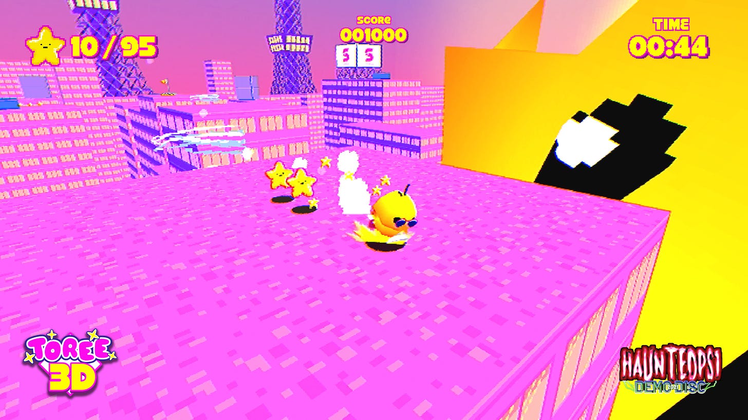 Toree 3D, featured on the Haunted PS1 Demo Disc 2021. A yellow chick wearing sunglasses dashes across a pink skyscraper in a similarly colorful city. A yellow sun hover close by, watching the chick and the tiny yellow stars that follow him.