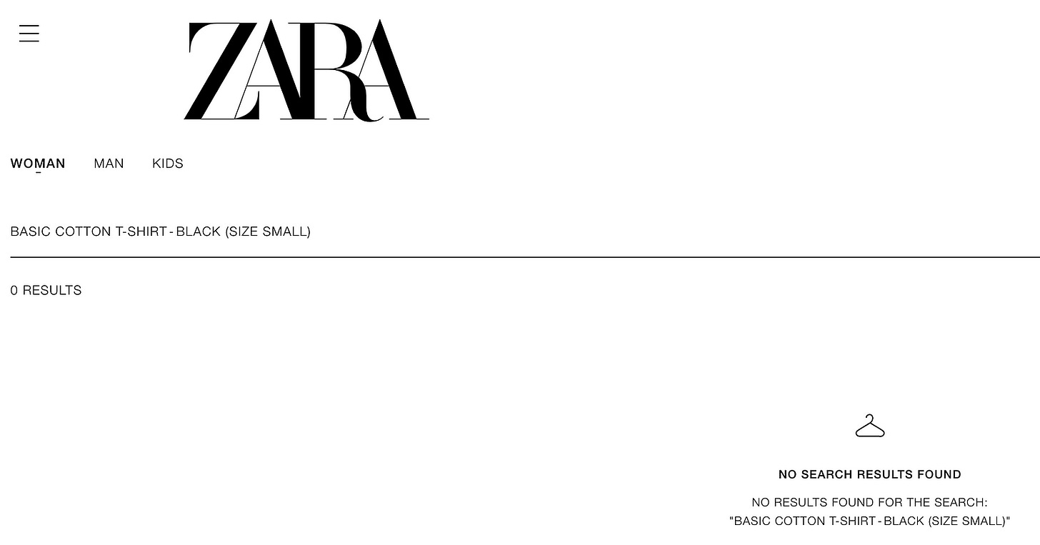 Zara’s site shows a lack of language comprehension for even simple requests. The author created this visual.