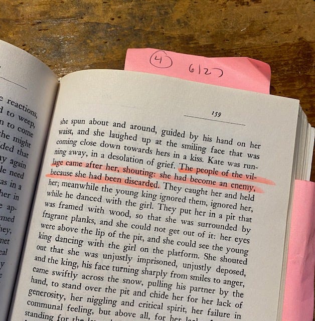 Photo of page 159 with this text highlighted in pink: "The people of the village came after her, shouting: she had become an enemy, because she had been discarded."