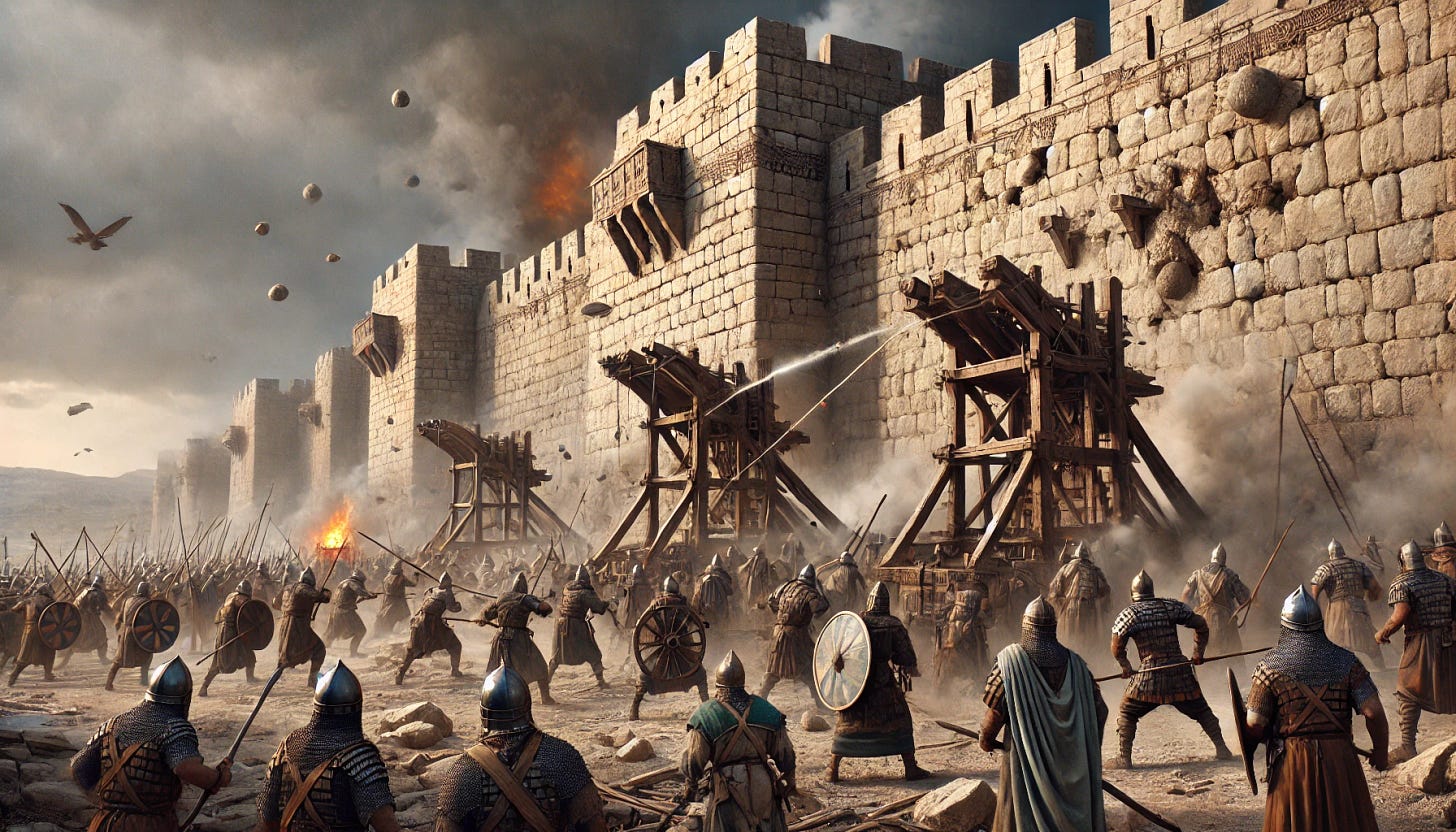 A realistic depiction of the ancient walls of Jerusalem in 586 BC, under siege by the Babylonian army. The walls are large, made of stone, and slightly weathered, showing signs of historical wear. The Babylonian soldiers are dressed in ancient armor and helmets, wielding swords and shields, with some operating large wooden catapults. Rocks and debris are flying through the air towards the walls, and the ground is littered with broken stones. The scene is chaotic, with smoke and gray clouds filling the sky, giving a sense of intense battle. The mood is tense and somber, with fires burning in the distance, as soldiers move and prepare for the next assault.