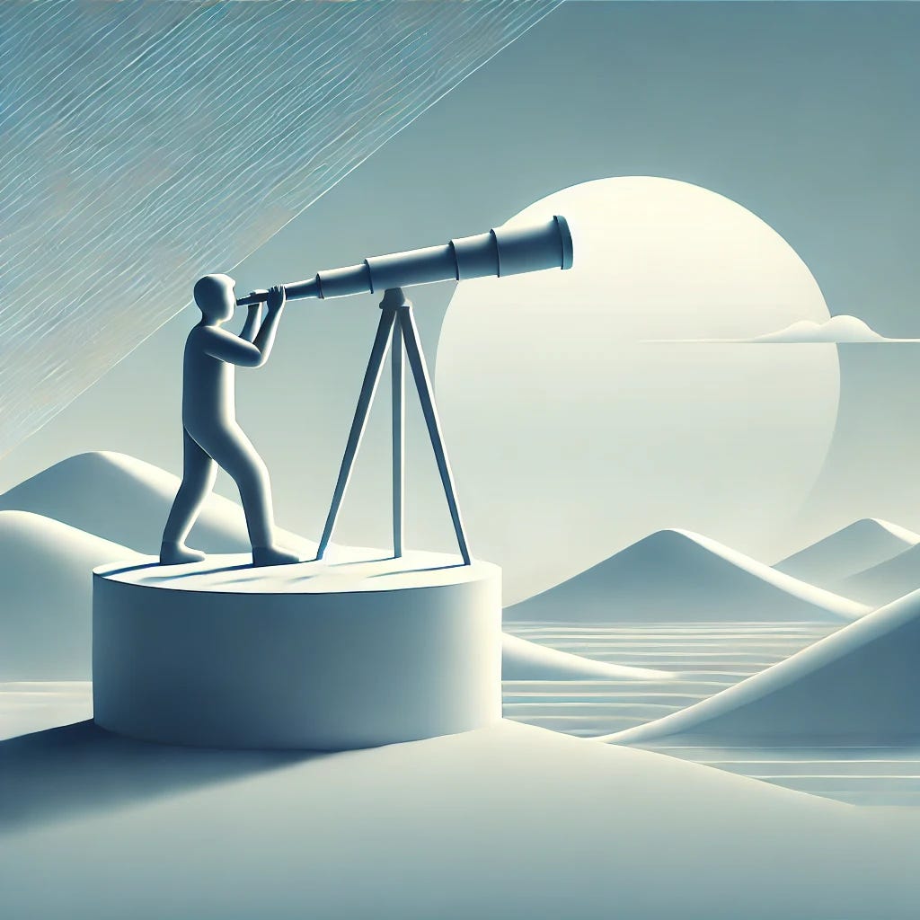 A minimalistic image representing the concept of maintaining a long-term vision in investments. The image features a person looking through a telescope towards a distant horizon, symbolizing the idea of focusing on long-term goals rather than short-term fluctuations. The scene is clean and modern, with no text or written elements, emphasizing the visual representation of a forward-thinking and patient investment strategy.