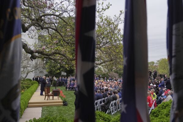 President Donald Trump speaks during an event to announce new tariffs in the Rose Garden of the White House, Wednesday, April 2, 2025, in Washington. (AP Photo/Evan Vucci)