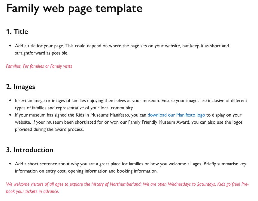 Family web page template on the Kids in Museums website 