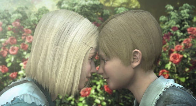 A screenshot of Wendy and Jennifer seated across from each other on the grass in a rose garden. Their foreheads are touching and they are gazing at each other, nearly kissing.