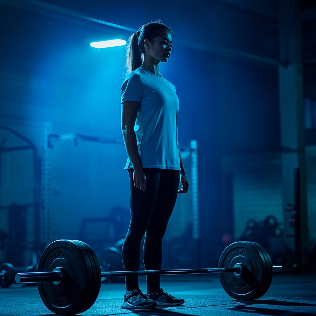 Beginner female lifter wearing light blue getting ready to deadlift in the gym with minimalist training. 