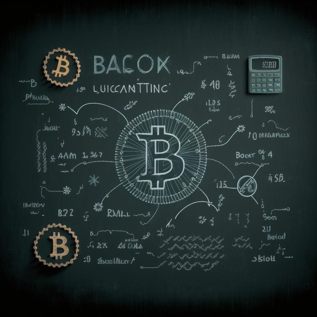 Design an image that features a Bitcoin logo on a Khan Academy-style digital chalkboard. The chalkboard should have a hand-drawn look and feature various elements related to Bitcoin, with math equations. The Bitcoin logo should be prominent but not overpowering, and should blend in with the overall style of the image. The image should be eye-catching and informative. No text. - ar 1:1