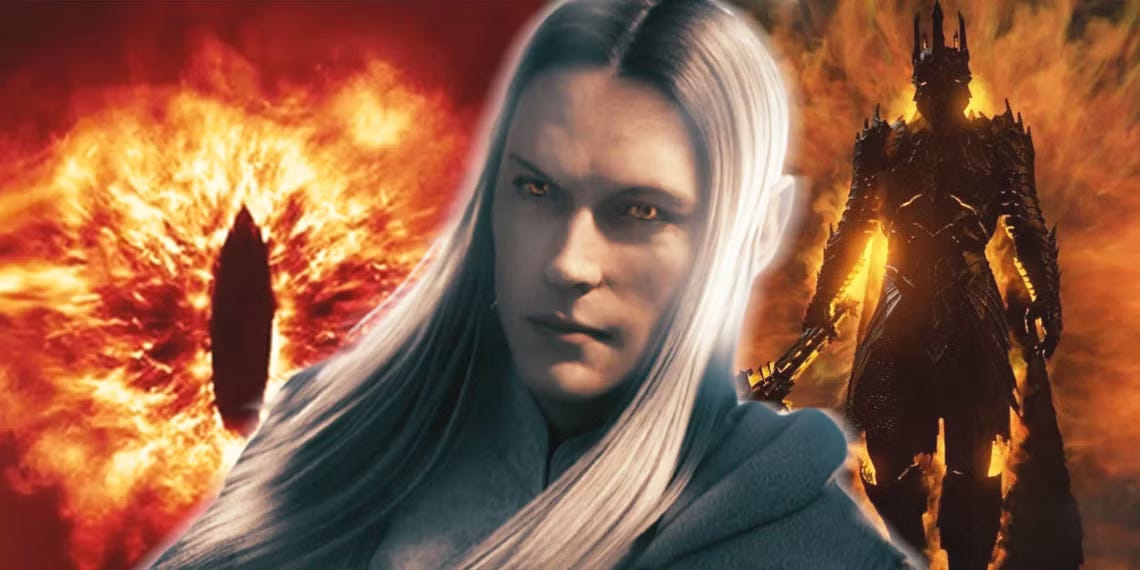 an image of sauron in his fair form, looking elven, with his eye of fir form behind him and to the left and his armored dark lord form behind him to the right