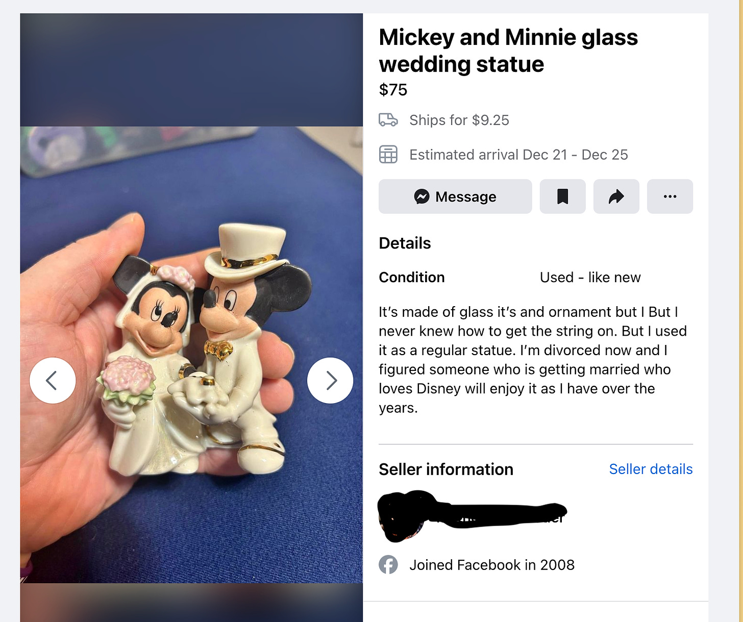 Facebook Marketplace listing for "Mickey and Minie wedding statue". description reads "i'm getting divorced now and I figured someone who is getting married who loves Disney will enjoy it.