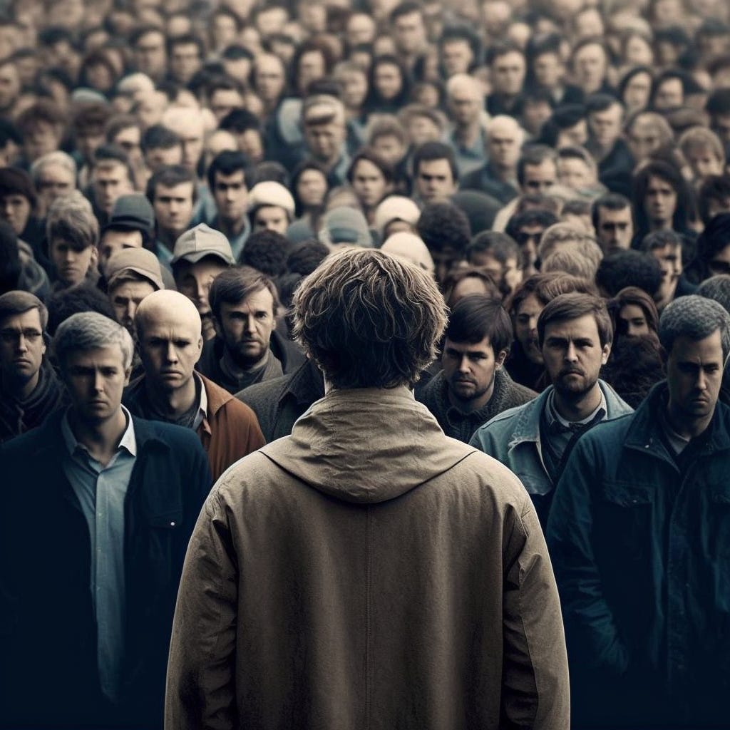 An image of a person standing out from a crowd, possibly in front of a group of people dressed in similar clothing
