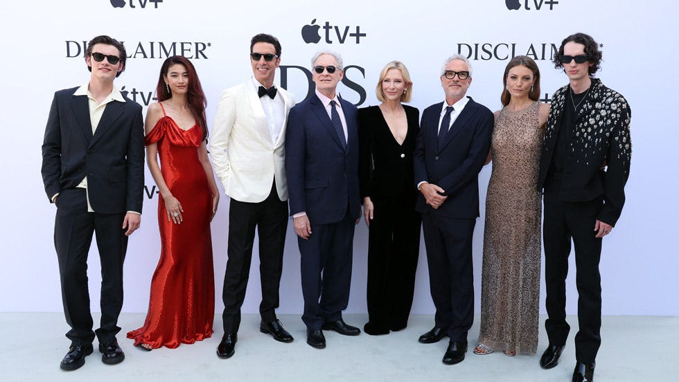 Louis Partridge, Hoyeon, Sacha Baron Cohen, Kevin Kline, Cate Blanchett, Alfonso Cuarón, Leila George and Kodi Smit-McPhee attend the Venice International Film Festival world premiere of the Apple TV+ limited series “Disclaimer” at the Palazzo del Cinema. “Disclaimer” will premiere globally on Apple TV+ on October 11, 2024. 