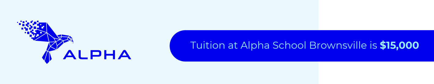 A screenshot from a tuition PDF saying "Alpha Brownsville" costs $15,000 per year.