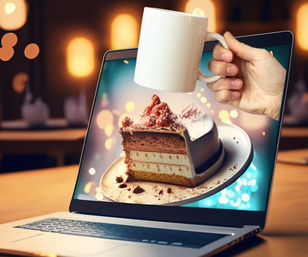A piece of cake on the screen of a laptop, and a hand holding a mug coming out of the screen. It shows what good content looks like