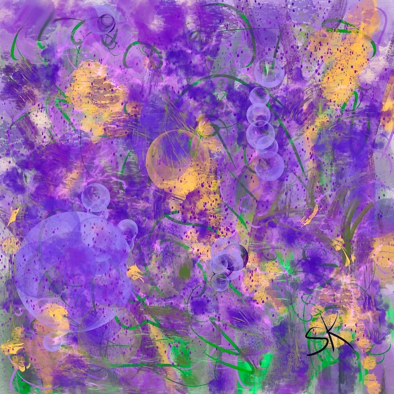 Abstract painting by Sherry Killam Arts with many shiny lavender and gold floating baubles.