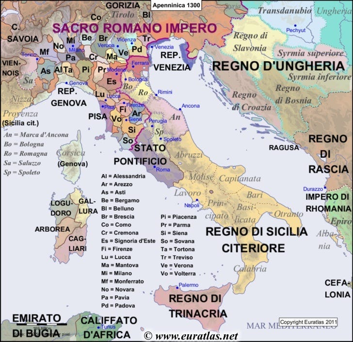 Map of the Apennine Peninsula in the year 1300