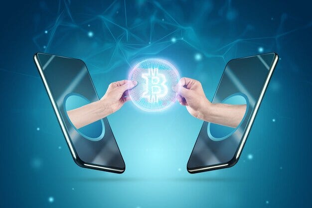 Premium Photo | Exchange of bitcoins, hands transfer bitcoin from  smartphone to smartphone, payment with cryptocurrency, bitcoin mining,  internet banking. digital currency, blockchain technology.