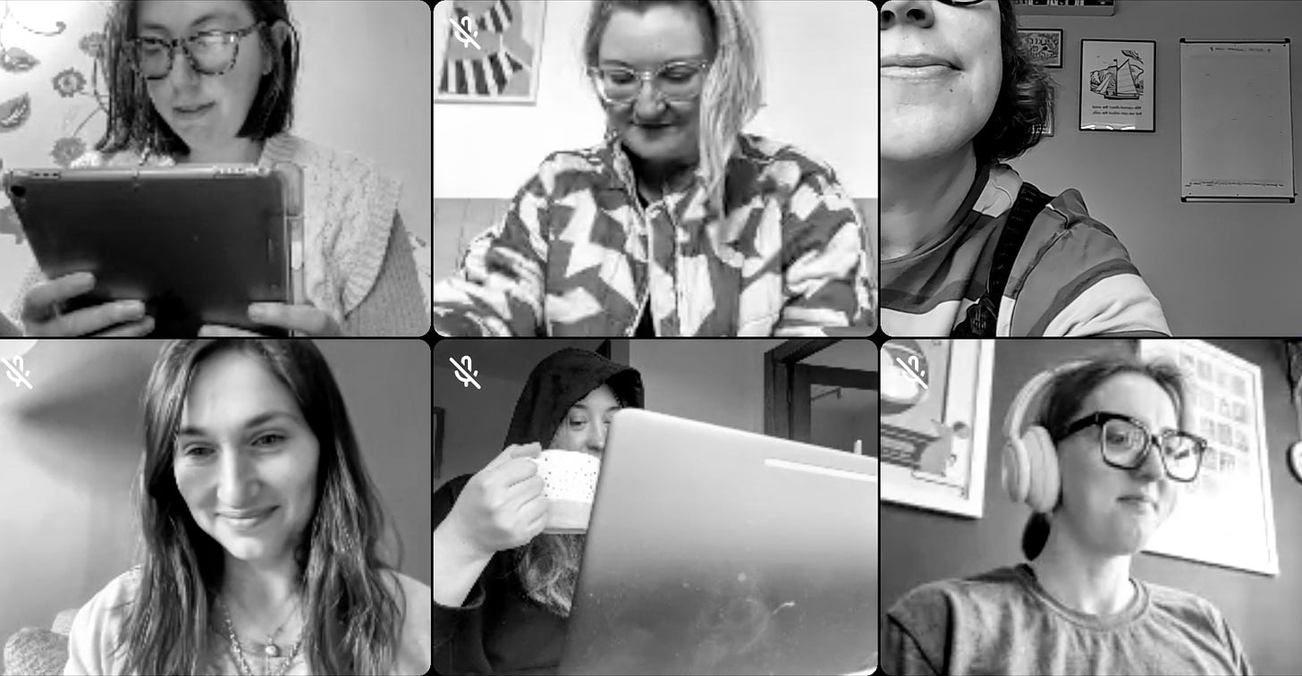 A black and white image of six women writing and working on a video call.