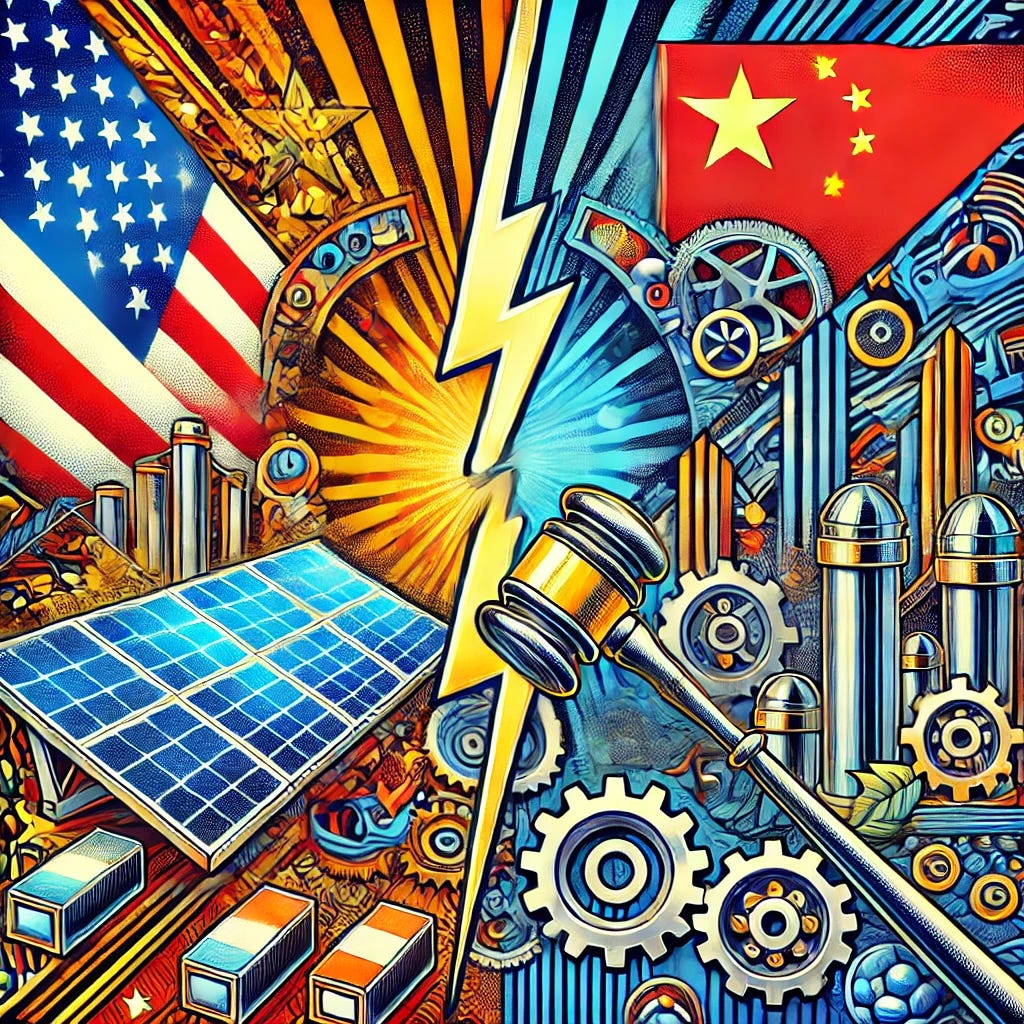 A vibrant and dramatic pop-art style illustration representing the tension between the United States and China over increased tariffs on solar products and critical metals. The image features a split composition with solar panels on one side and metallic gears and machinery on the other, symbolizing the industries affected. The United States is represented with bold elements like the American flag and a gavel, indicating authority and decision-making, while China is represented with its flag and industrial elements. A dynamic overlay of arrows pointing up and down reflects trade disputes and economic implications. The illustration is colorful and detailed, following a 1920x1080 horizontal format.