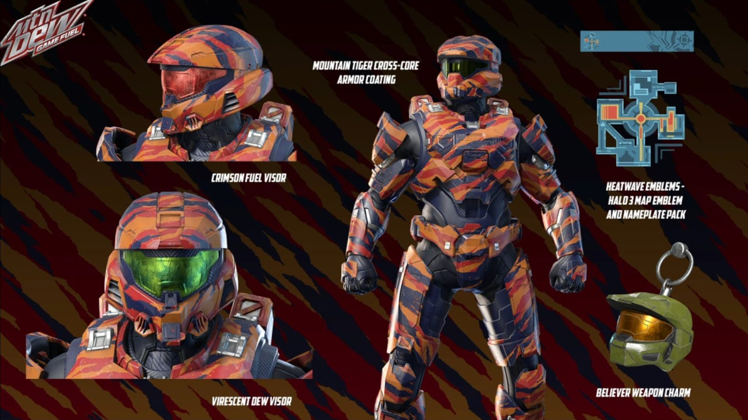 The rewards available through the promo on display, including visor colors and a new Spartan armor coating.