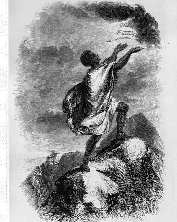 Drawing of a black man in a white robe reaching up to heaven from the book, David Walker's Appeal