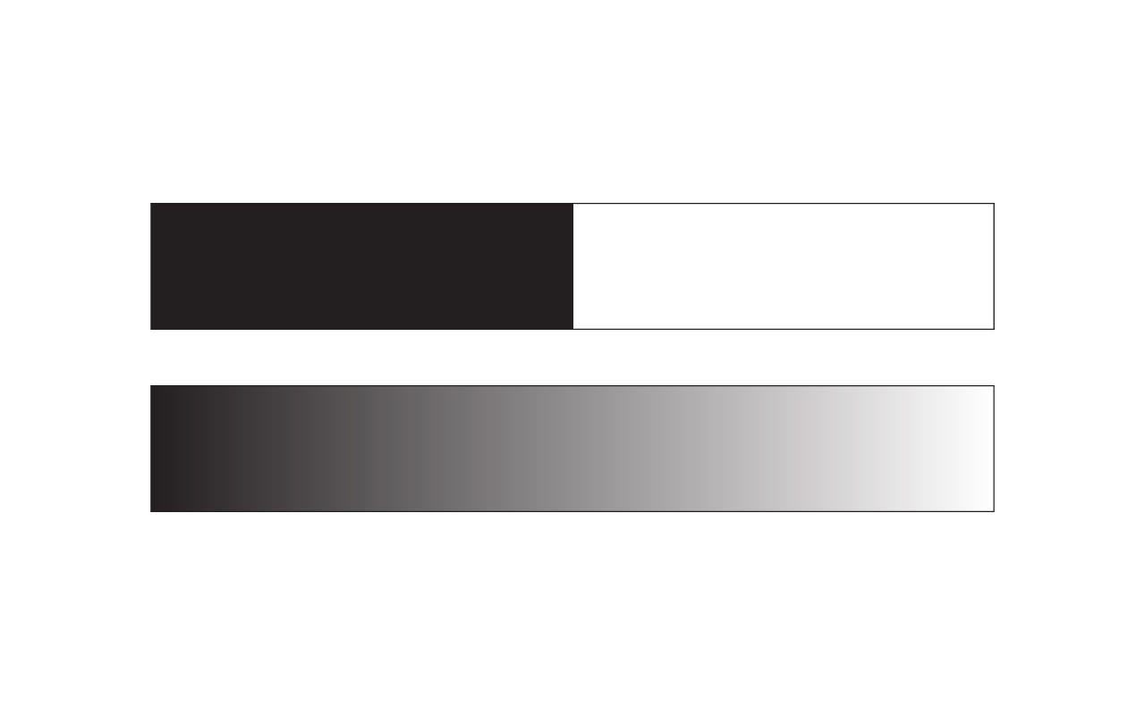 A simple graphic comparing rectangle shaded in black and white, above a rectangle shaded with a gradient from black to white.